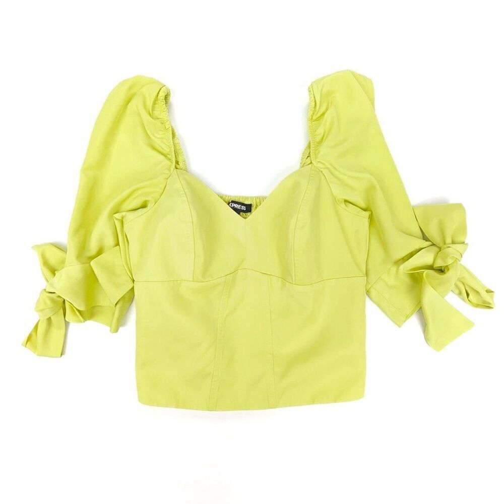 NEW Express y2k Cottagecore Puff Sleeve Corset Smocked Crop Top XS Neon Green